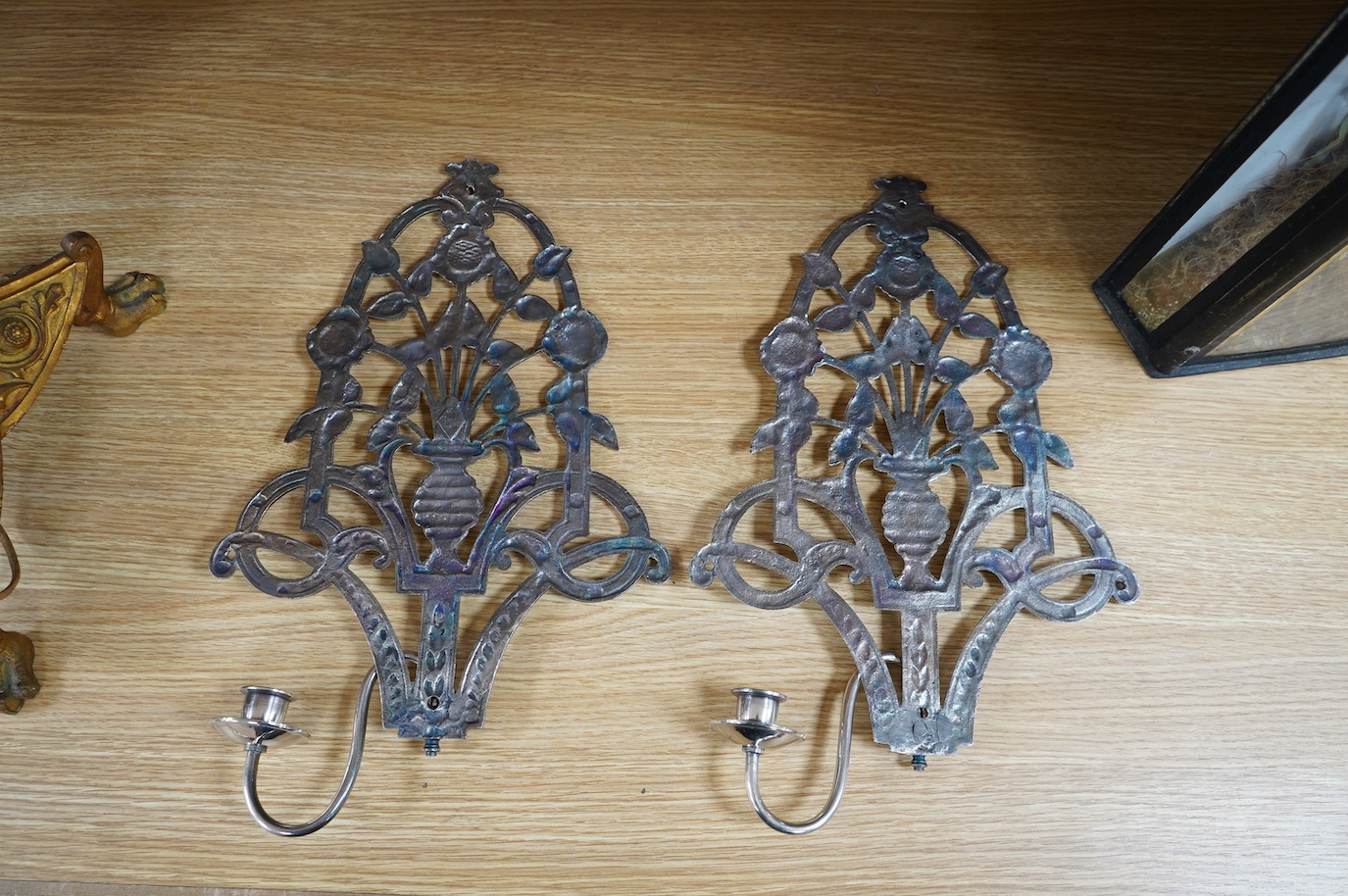 A pair of English oxi silvered Victorian wall candlesticks, late 19th century, back plate 37cm high, projection 13cm. Condition - good.